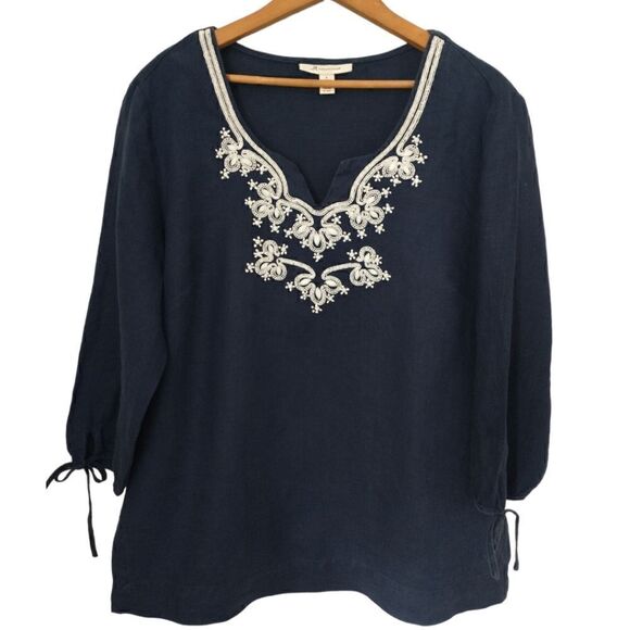 JM Collection Linen Shirt Sz 8 Top Tunic Navy Blue Embroidered Beaded Blouse. - Picture 6 of 16